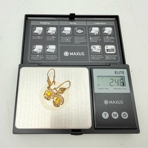 Vintage 10K Yellow Gold Floral Dangle Earrings | Yellow Stones | 2.4g - Picture 7 of 10